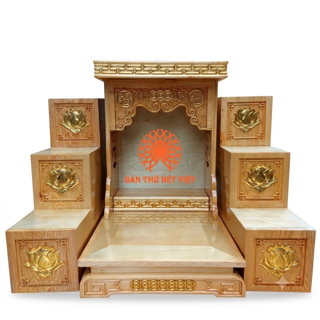 Mẫu bàn thờ Ông Địa Thần Tài bằng gỗ sồi cao cấp chuẩn kích thước thước Lỗ Ban