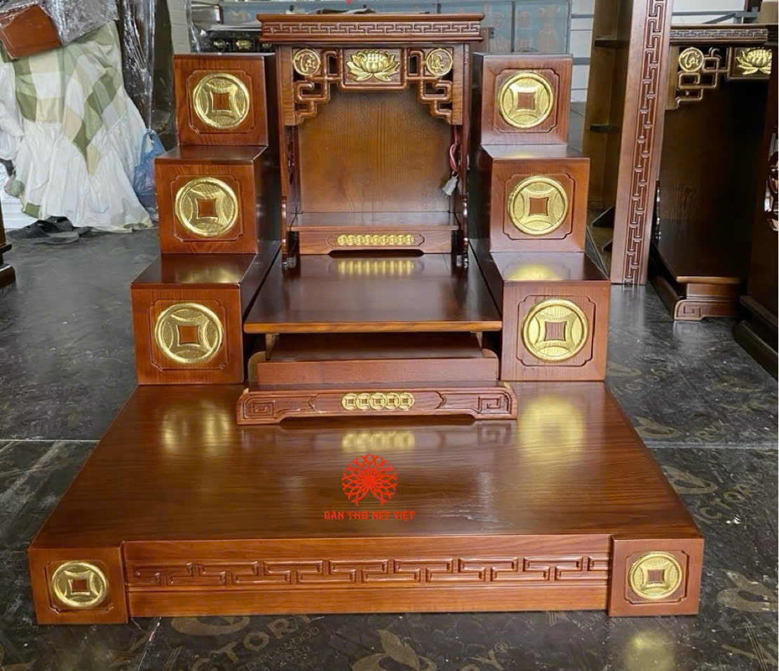 Mẫu bàn thờ Thần Tài Tài Lộc BTT-006 mái bằng hiện đại kèm bệ và tam cấp